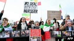 Protesters rally in front of United Nations office ahead of indirect nuclear talks between the United States and Iran taking place in Geneva, Switzerland, on February 17.
