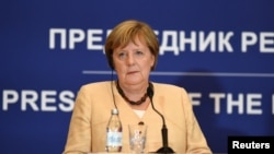 Германският канцлер Ангела Меркел по време на пресконференция в Белград, Сърбия, на 13 септември 2021 г.