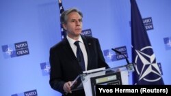 U.S. Secretary of State Antony Blinken delivers remarks during a NATO foreign ministers' meeting at the alliance's headquarters in Brussels on March 23.