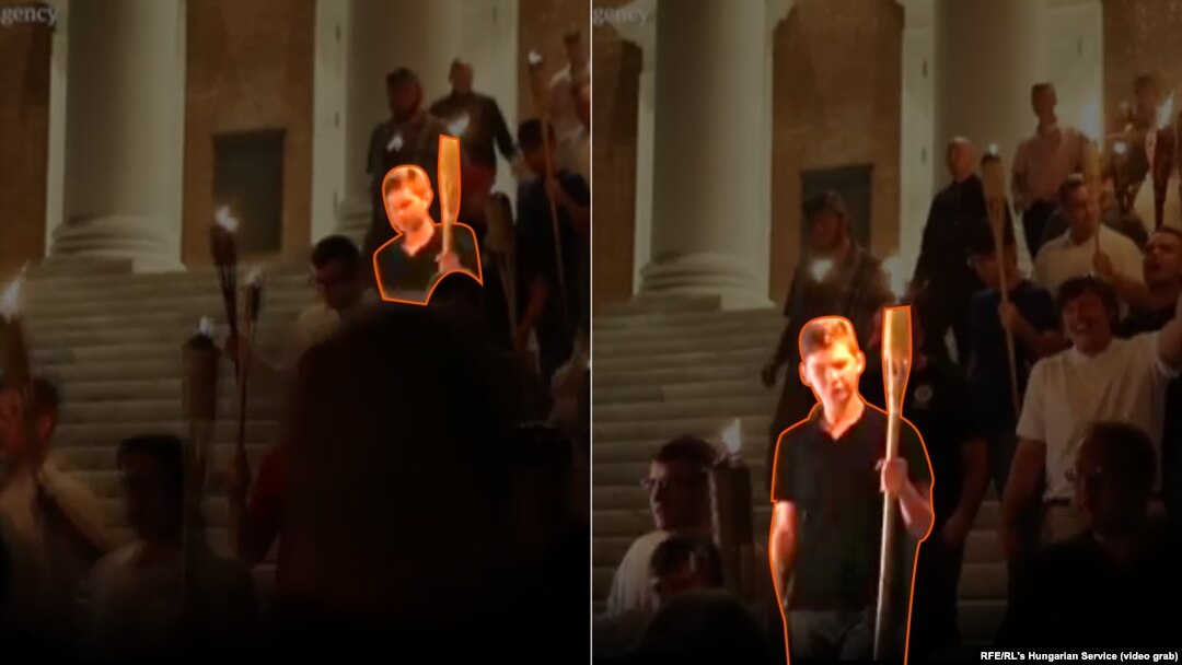 Înregistrarea video îl înfățișează pe Taylor Ragg, consilier politic la Ambasada Ungariei de la Washington, ducând o torță la un marș al organizației care susține supremația albilor, din Charlottesville, Virginia, pe 11 august 2017.