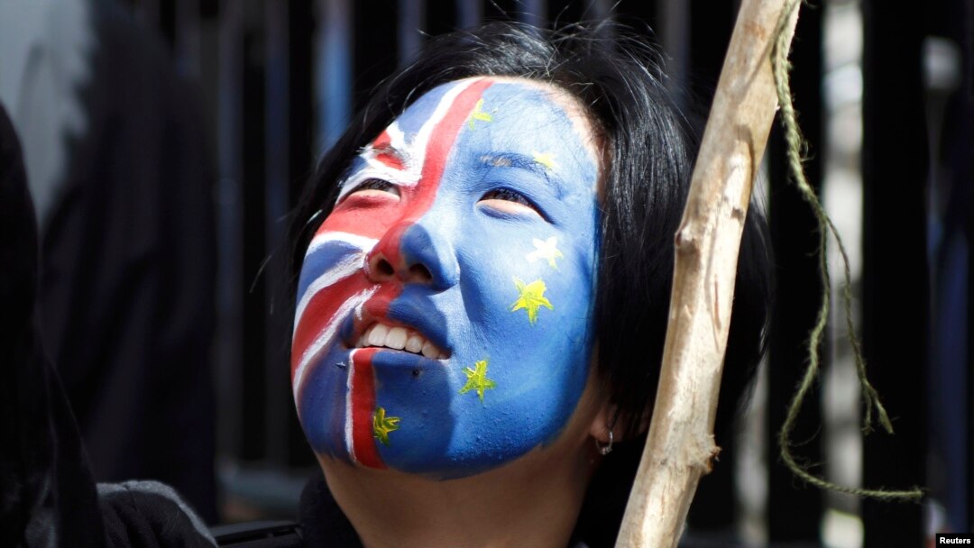 Jedan od pristalica za ostanak Velike Britanije u Evropskoj uniji, sa skupa u Londonu, 2. juli 2016.