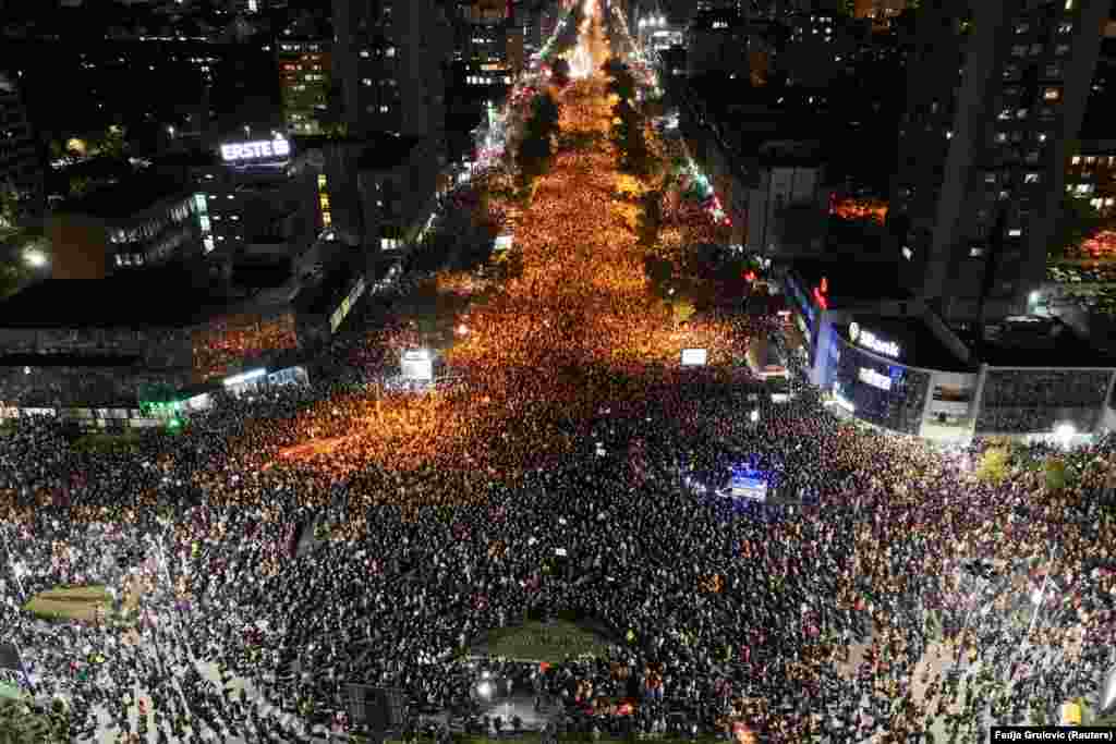 A drone view shows people during a protest over a deadly accident at a railway station in the Serbian city of Novi Sad, for which they blame negligence and corruption by the authorities, in Novi Sad.