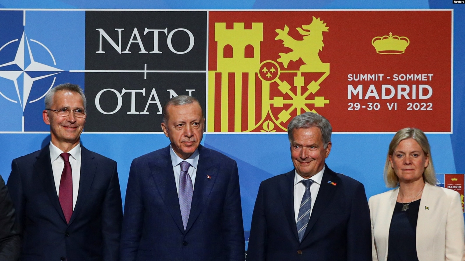 Йенс Столтенберг, Реджеп Эрдоган, Саули Ниинистё, Магдалена Андерсон на встрече в Мадриде, 28 июня 2022 года