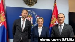 Šef Delegacije EU Andreas fon Bekerat, tužioci Zagorka Dolovac i Branko Stamenković, Beograd, Srbija, 10. decembar 2025. 