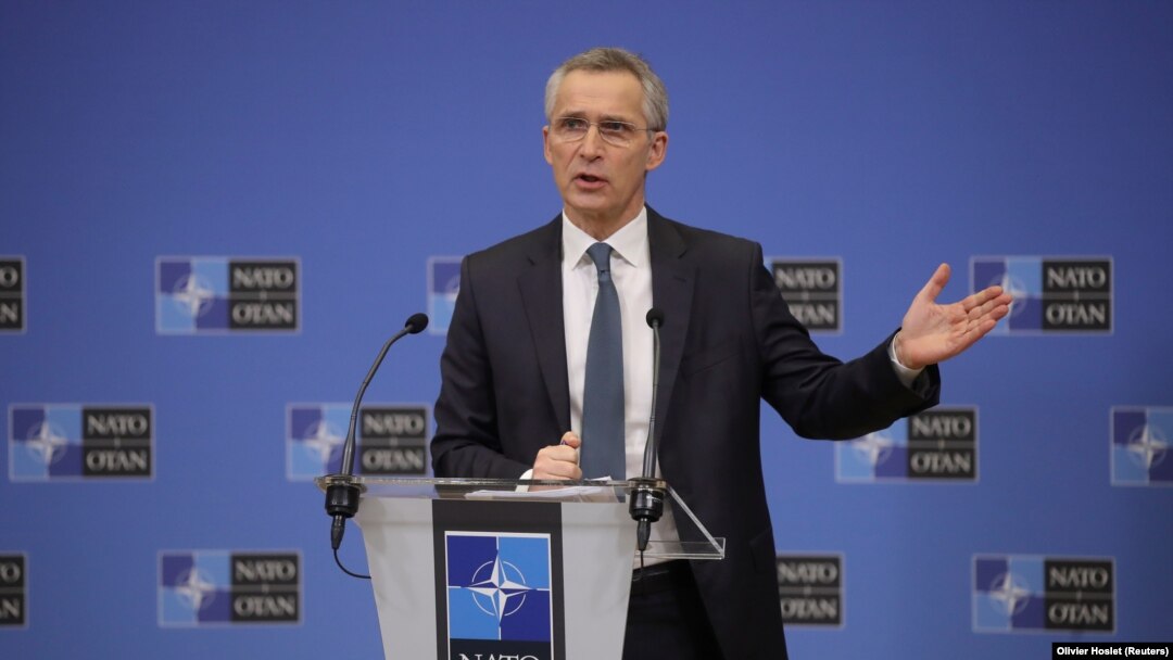 NATO Secretary-General Jens Stoltenberg gives a news conference ahead to a NATO defense ministers council at the alliance headquarters in Brussels on February 15