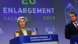 EU executives hold a press conference on Ukraine's progress towards membership in Brussels