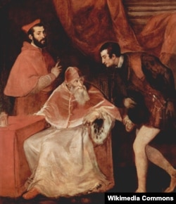 Папа Павел III с внуками Алессандро Фарнезе и Оттавио Фарнезе. 1546 г.