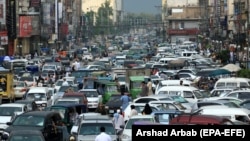 A view of a traffic after in the northwestern city of Peshawar on May 11 after government eased coronavirus restrictive measures.