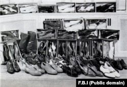 An FBI photo of the Weinberg shoe collection that he used in his various disguises