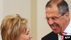 U.S. Secretary of State Hillary Clinton (left) meets with Foreign Minister Sergei Lavrov in Moscow today.