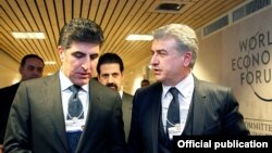 Switzerland - Prime Ministers Karen Karapetian (R) of Armenia and Nechirvan Barzani of the Iraqi Kurdistan region meet in Davos, 24Jan2018.