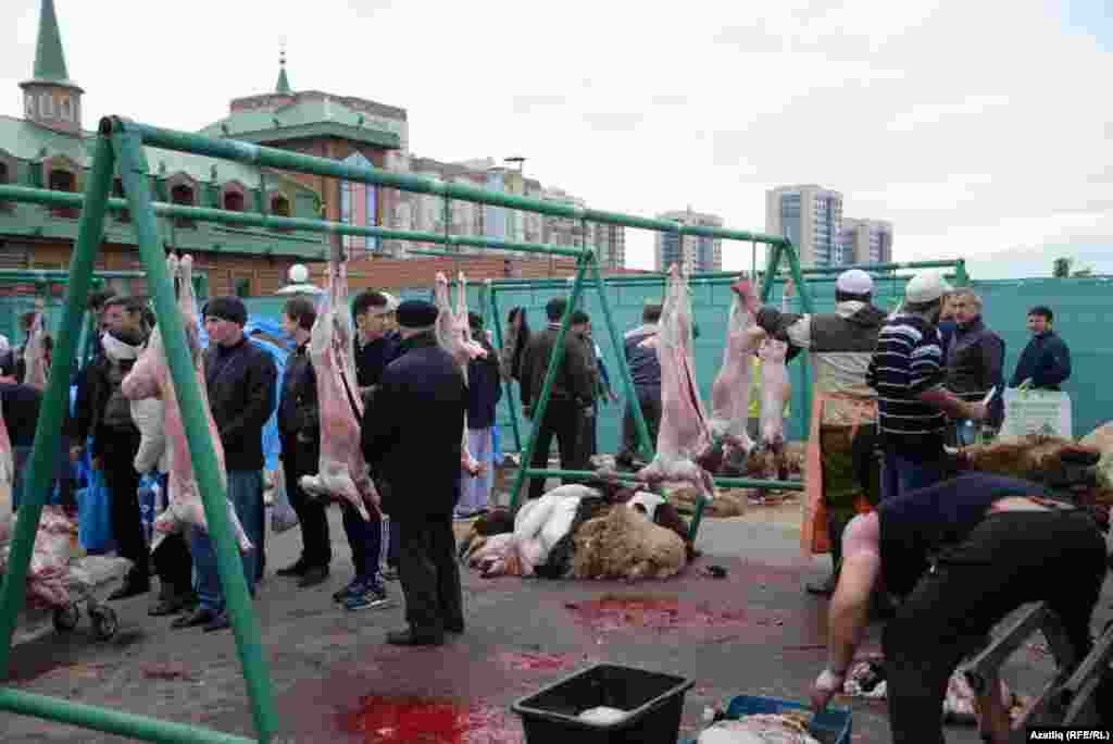 Sheep are butchered in Kazan, Tatarstan.