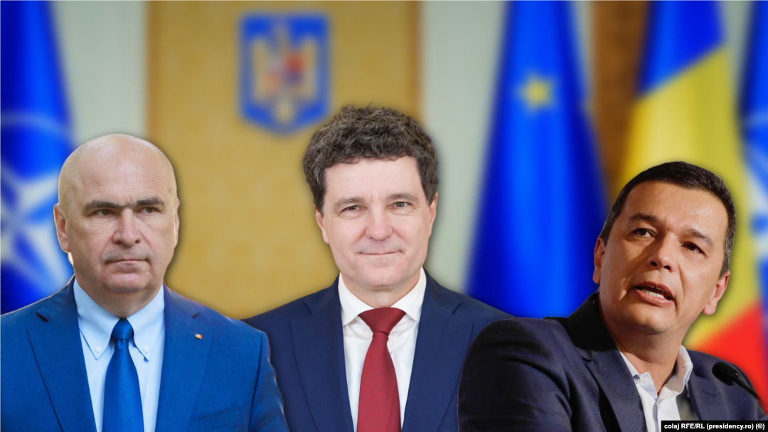 Președintele României, Nicușor Dan (centru), Președintele interimar al PSD Sorin Grindeanu (dreapta), președintele interimar al PNL Ilie Bolojan (stânga) - colaj