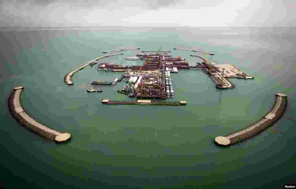 An aerial view shows artificial islands on Kashagan offshore oil field in the Caspian Sea.
