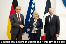 Predsedavajuća Savjeta ministara BiH Borjana Krišto sastala se s nemačkim ministrom za Evropu Ginterom Krihbaumom i njegovim francuskim kolegom Benžaminom Hadadom, Sarajevo, 2. jun 2026.
