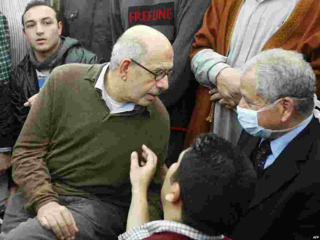 Muhammad El-Baradei in a mosque after riot police used water cannons to disperse demonstrators on January 28.