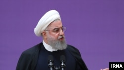 Iran - President Hassan Rouhani speaking at the 13th anniversary of Iran's National Nuclear Technology in Tehran. April 9, 2019