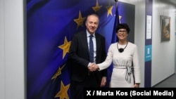 Rektor Univerziteta u Beogradu Vladan Đokić i evropska komesarka za proširenje Marta Kos, Brisel, 20. april 2026.