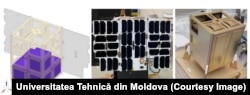 Partea din satelit (stânga, de culoarea mov) care este produsă de inginerii moldoveni. În dreapta - macheta întregului satelit. Imagine din prezentarea oferită redacției noastre de Centrul Spațial al UTM