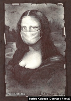 A drawing by Kolyada depicting the Mona Lisa wearing a mask in an allusion to the COVID-19 pandemic.
