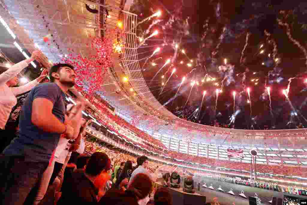 Fireworks explode during the opening ceremony of the 2015 European Games at Baku Olympic Stadium.