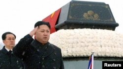 New leader Kim Jong Un (right) salutes as the hearse carrying the coffin of Kim Jong Il passes by during his funeral procession in Pyongyang on December 28.