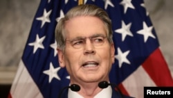 U.S. Treasury Secretary Scott Bessent speaks at a news conference at the Treasury Department in Washngton, August 24, 2024