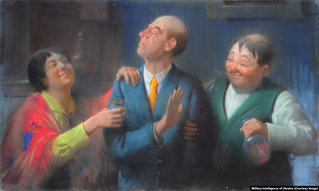 “Pijanecët” - pikturë pa datë nga Vladyslav Izmailovych. Pikturat kanë qenë kryesisht në Muzeun e Artit Rajonal të Hersonit, ku veprat e artit besohet se janë vjedhur nga forcat pushtuese ruse.