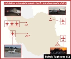 نقشهٔ پراکندگی شش فروند هاوکر 400 ایکس‌پی که به‌تازگی خریداری و به ایران منتقل شده است