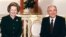 British Prime Minister Margaret Thatcher poses with Soviet leader Mikhail Gorbachev in Moscow in 1987.