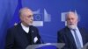 Miguel Arias Canete (R), Commissionner of the European Commission in charge of Climate Action and Energy, and Vice-President of the Islamic Republic of Iran and Head of the Atomic Energy Organisation of Iran (AEOI), Ali Akbar Salehi give a joint press poi