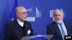 Miguel Arias Canete (R), Commissionner of the European Commission in charge of Climate Action and Energy, and Vice-President of the Islamic Republic of Iran and Head of the Atomic Energy Organisation of Iran (AEOI), Ali Akbar Salehi give a joint press poi