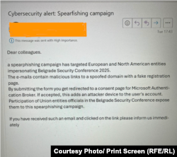 Upozorenje koje se proširilo kroz evropske institucije u vezi sa fišing kampanjom kroz impersonizaciju Beogradskog centra za bezbednosnu politiku