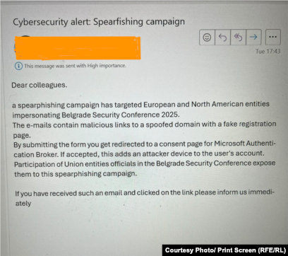 Paralajmërim që është shpërndarë nëpër institucionet evropiane lidhur me një fushatë "phishing" përmes imitimit të Qendrës së Beogradit për Politikë të Sigurisë.