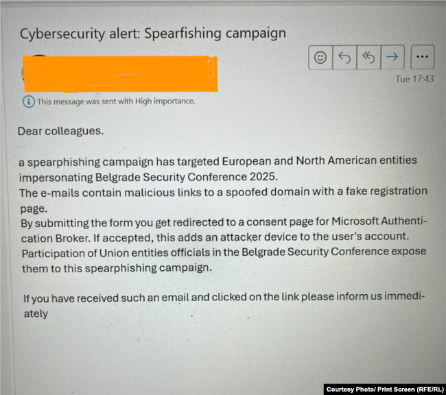 Paralajmërim që është shpërndarë nëpër institucionet evropiane lidhur me një fushatë "phishing" përmes imitimit të Qendrës së Beogradit për Politikë të Sigurisë.