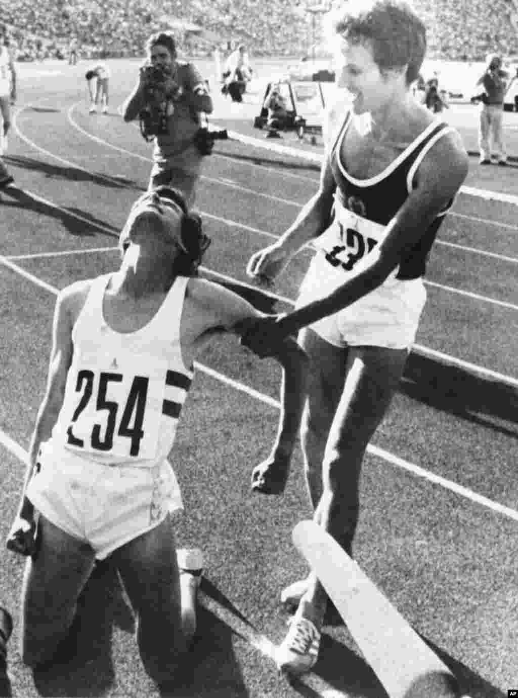 East Germany&rsquo;s Jurgen Straub (right) and Sebastian Coe of Britain after Coe won gold in the 1,500 meters. &nbsp; &nbsp;