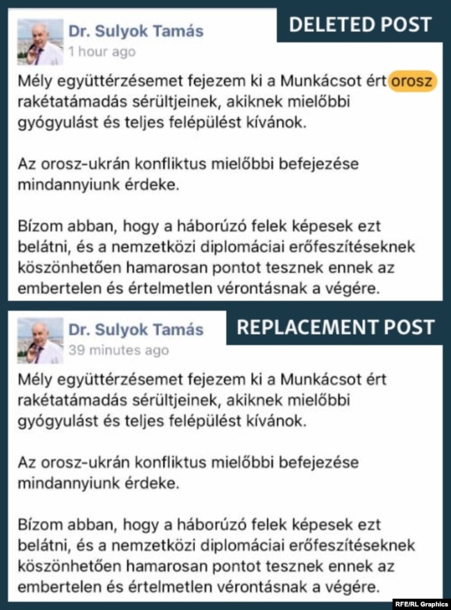 Kjo fotografi tregon se si fjala "ruse" (orosz në hungarisht) u fshi nga postimi i presidentit hungarez në rrjetet sociale.