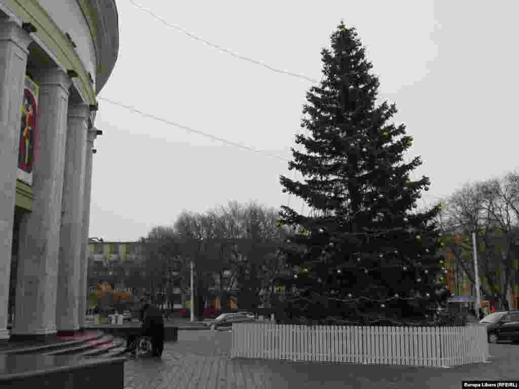 Но возле театра все же установили 15-метровую живую ель с шишками