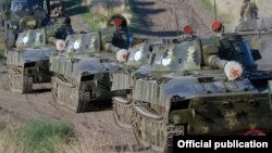 Nagorno-Karabakh -- Troops leave a Karabakh Armenian military base at the start of exercises, September 24, 2019. 