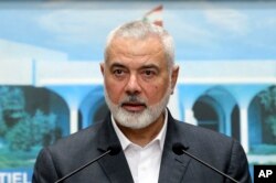 Ismail Haniyeh, într-o conferință de după întâlnirea cu președintele libanez Michel Aoun, la palatul prezidențial din Baabda, la sud-est de capitala Beirut, pe 28 iunie 2021.