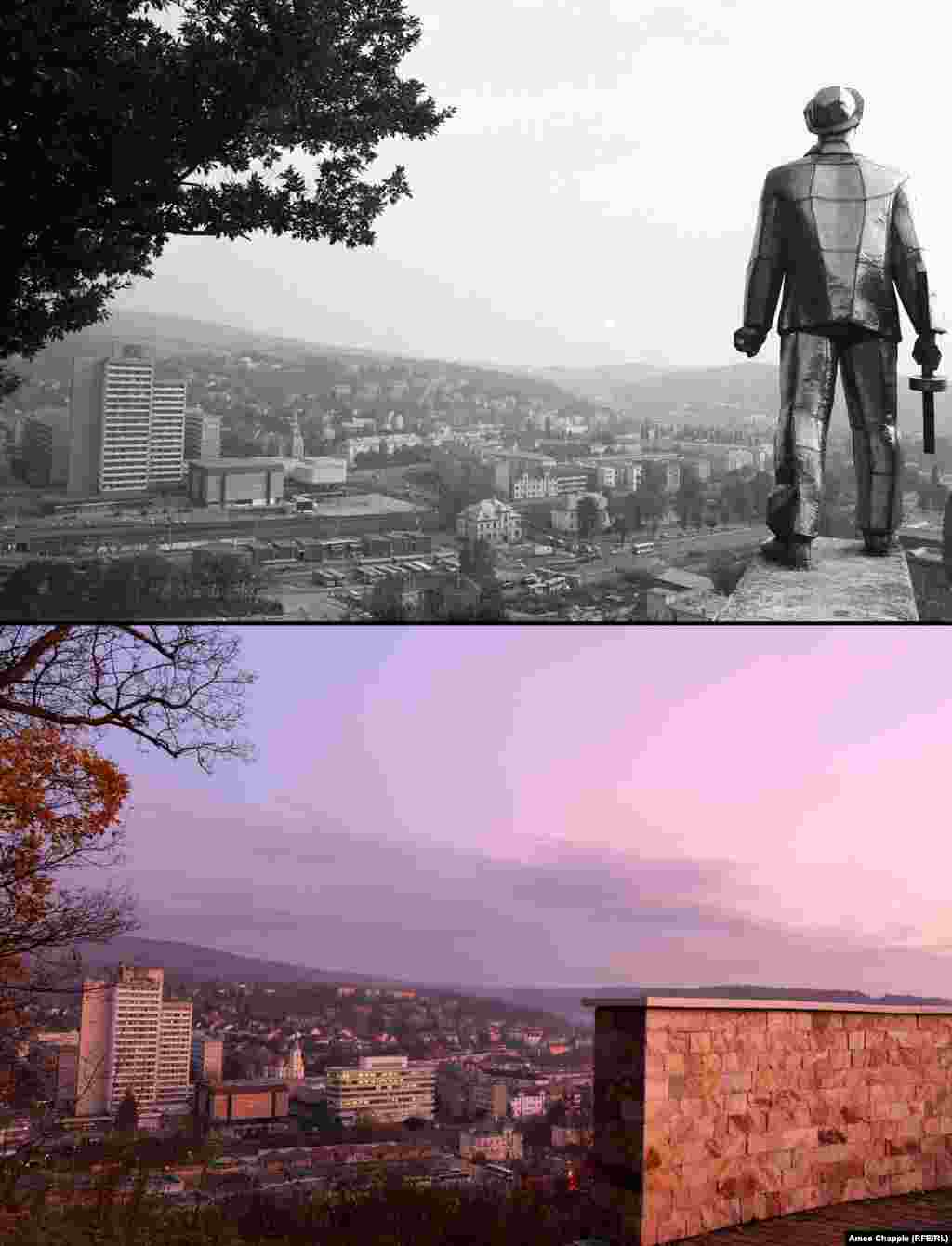 Salgotarjan 1982 - 2019 A five-meter chromed steel monument to a World War II partisan fighter on a hilltop overlooking Salgotarjan (top). The monument was removed in 1993 and now stands in a far&nbsp;less prominent spot&nbsp;outside the town center. On the site of the gleaming partisan is a lookout platform topped with a Hungarian flag.&nbsp;1982 photo: Fortepan/Magyar Rendor