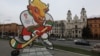 An advertisement for the 2004 IIHF World Championship in Minsk&#39;s Liberty Square.