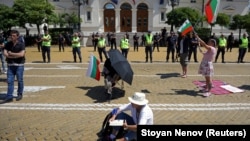 Protesters demonstrate outside parliament in Sofia on July 21, where daily protests have gradually dwindled in number.
