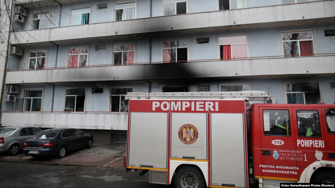 A firetruck is seen at the site of COVID-19 hospital Matei Bals, after a fire broke out in one of its buildings, in Bucharest, on January 29.