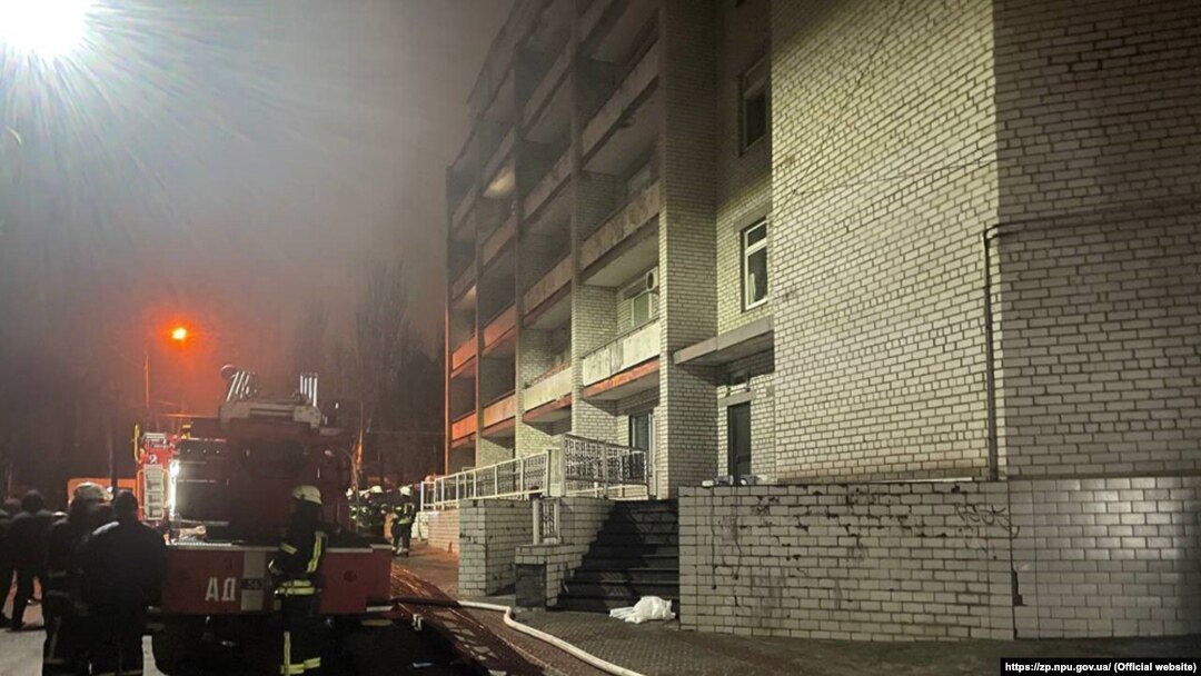 Ukrainian firefighters at the scene of the blaze on February 4.