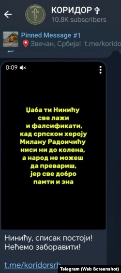 Një mesazh kërcënues ndaj avokatit Niniq i postuar në Telegram.