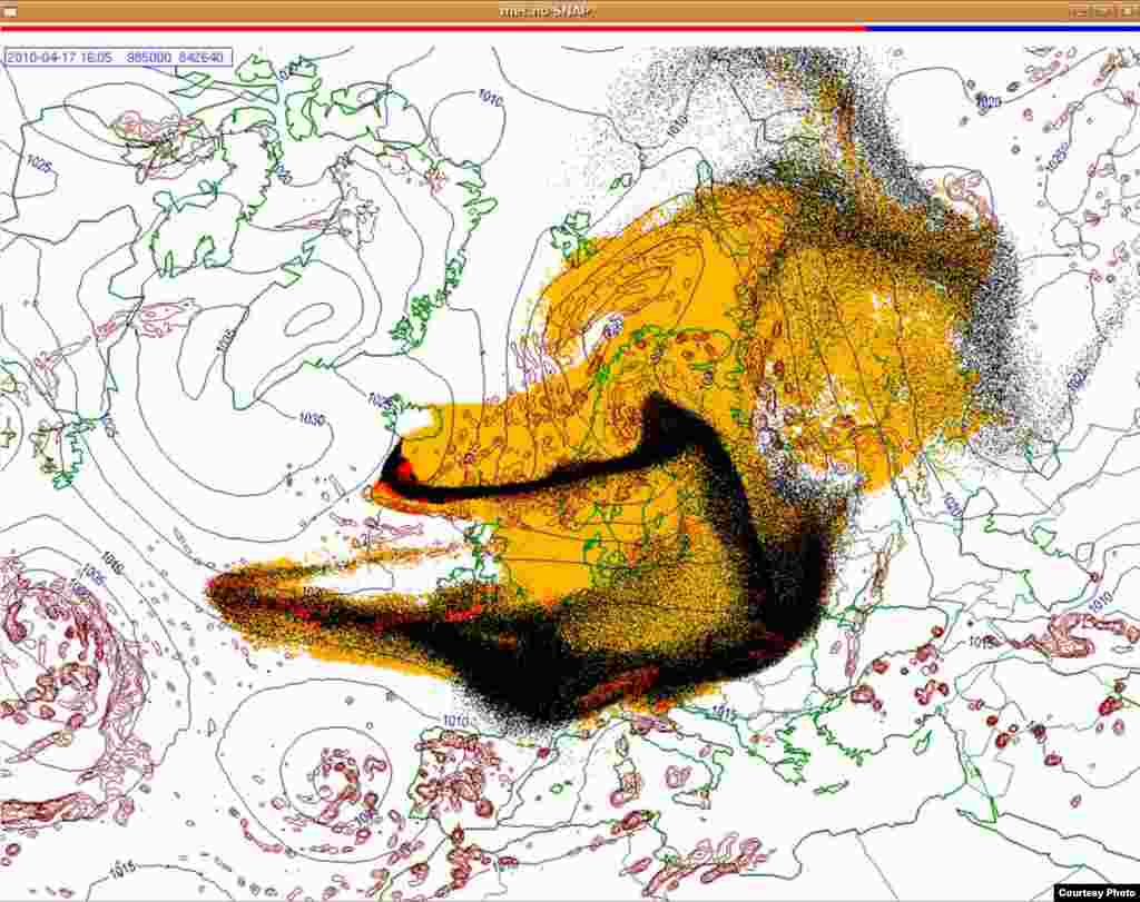 Проектирано движење на исландскиот облак од пепел (17.4. 1600 UTC) - Овие слики покажуваат проекција на движењето на облаците пепел од вулканска ерупција на Исланд низ Европа. Боите на сајтот претставуваат: жолто: пепел што ќе падне сам по себе црвено: пепел што ќе падне од врнежи црна: вистинскиот облак со пепел облак Извор: Норвешки Метеоролошки Институт