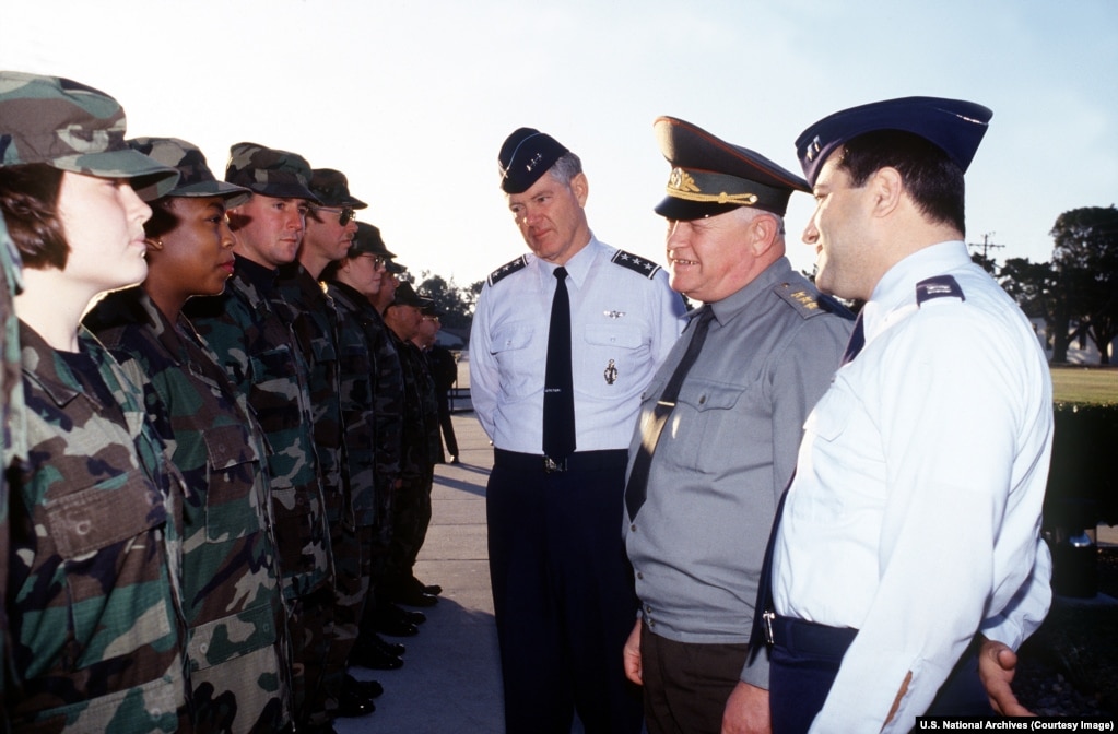 Personnel from a U.S. missile maintenance squadron are introduced to General Igor Sergeyev in December 1993.