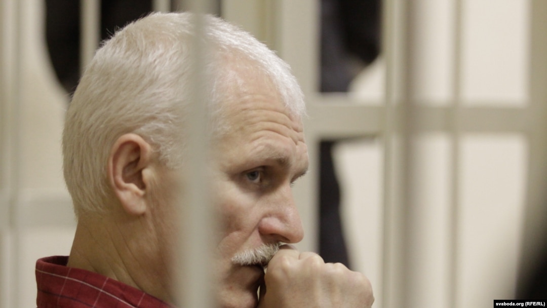 Belarusian human rights activist Ales Byalyatski on trial in Minsk.