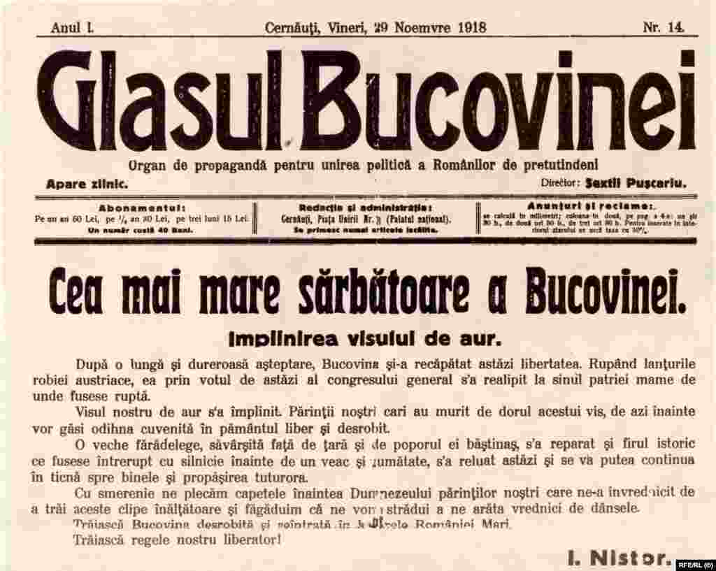 Ziarul &bdquo;Glasul Bucovinei&rdquo;, condus de Sextil Pușcariu, anunță Unirea provinciei cu Regatul României